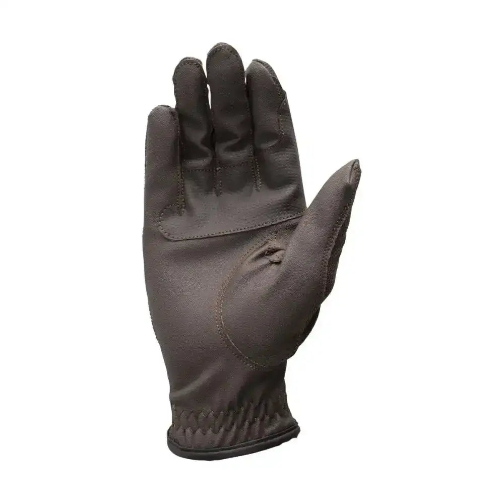 Dark brown leather equestrian pro performance glove with reinforced stitching and snug wrist cuff back side shown