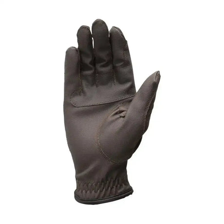 Dark brown leather equestrian pro performance glove with reinforced stitching and snug wrist cuff back side shown