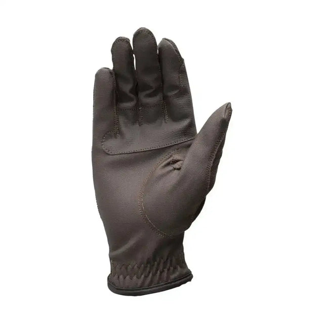 Dark brown leather equestrian pro performance glove with reinforced stitching and snug wrist cuff back side shown