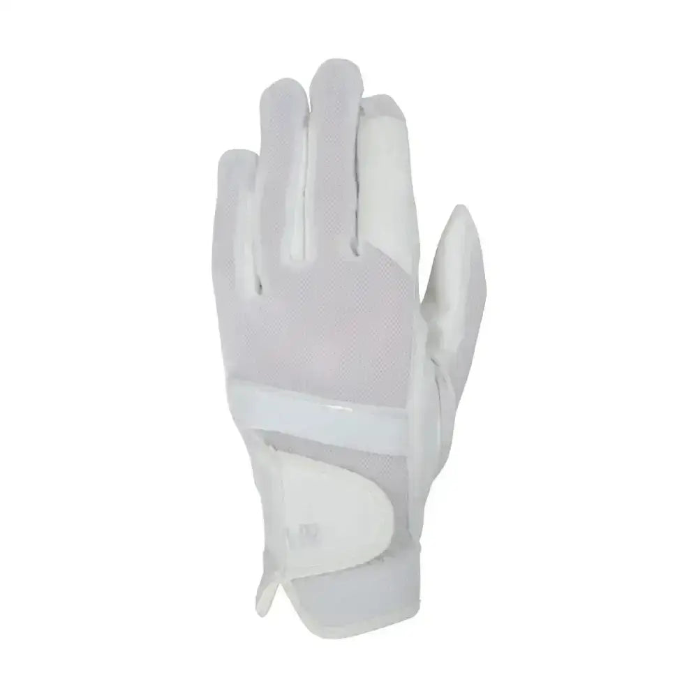 White hy equestrian pro performance glove with smooth glossy finish reinforced palm and breathable mesh backing