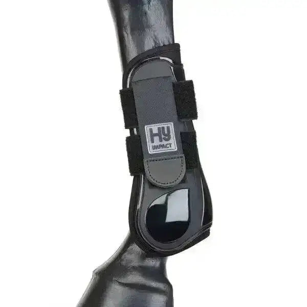 Black hy equestrian pro tendon boots with glossy finish and adjustable velcro straps for quality performance boots
