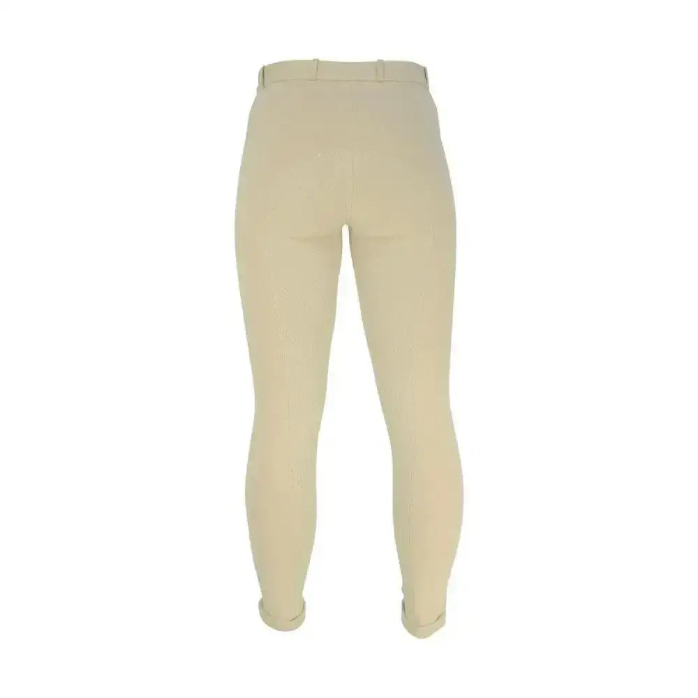 Beige equestrian raised polka dot ladies jodhpurs with smooth, form-fitting fabric and classic belt loop waistband