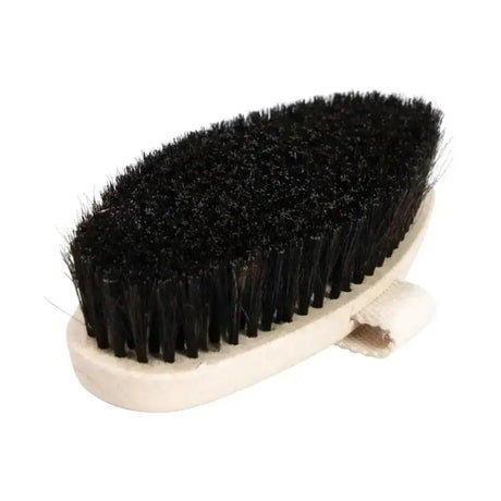 Black bristle equestrian recycled body brush with white plastic handle and grip for eco-friendly grooming