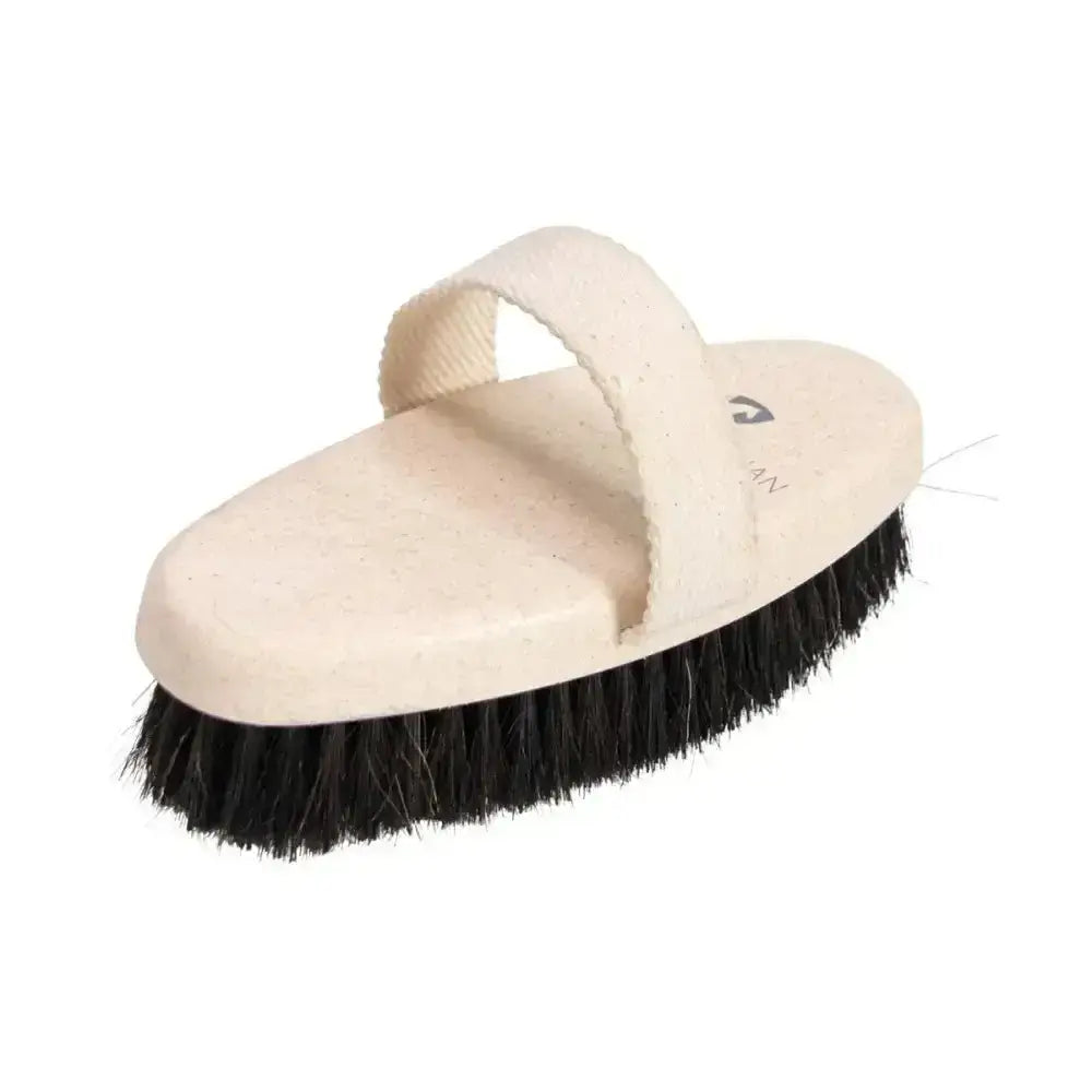Beige oval-shaped Hy Equestrian recycled body brush with black luxurious horsehair bristles and fabric handle for grooming