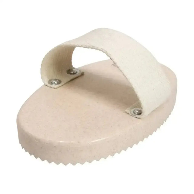 Cream-colored oval-shaped hy equestrian recycled curry comb with soft felt handle and serrated edge unique eco-friendly addition