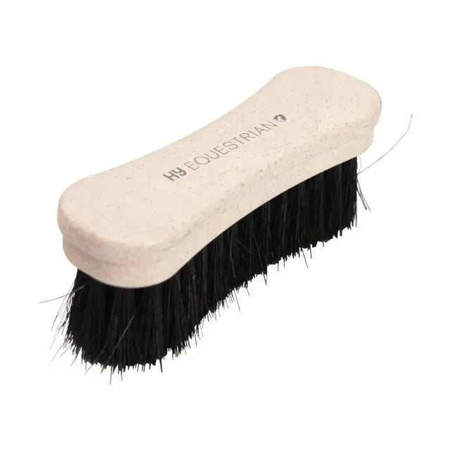 Hy equestrian recycled face brush with soft black horsehair and light beige wooden handle engraved with brand name