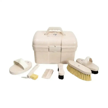 Cream-colored plastic hy equestrian recycled grooming kit with handle and brushes in eco-friendly grooming box