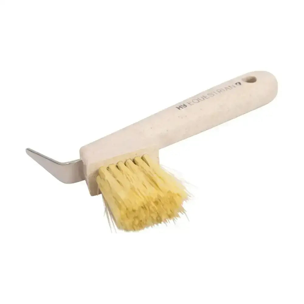 White-handled eco-friendly hoof pick with yellow mexico tampico bristles and metal hook for easy cleaning