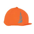 Bright orange fluorescent lycra hat with reflective gray sail logo side for equestrian reflective hat cover