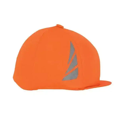 Bright orange fluorescent lycra hat with reflective gray sail logo side detail for equestrian reflective hat use