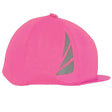 A vibrant pink fluorescent lycra hat with a reflective gray sail logo designed as an equestrian reflective hat cover