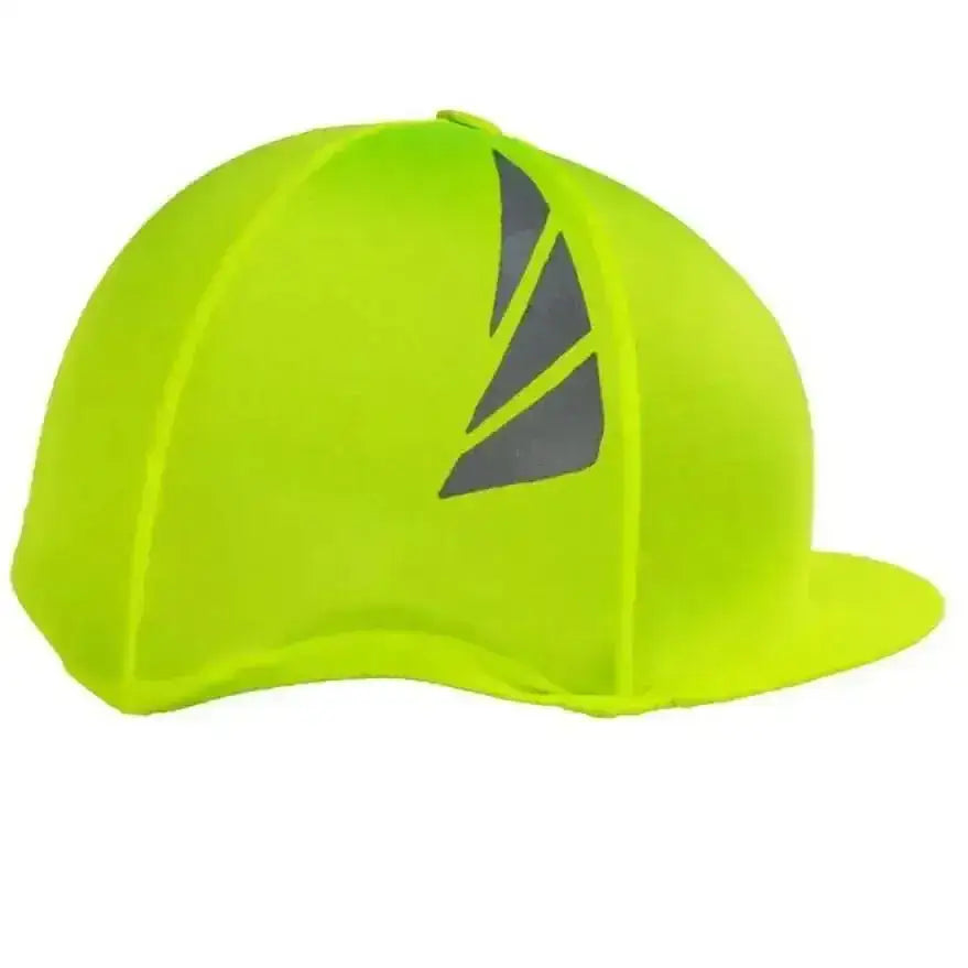 Bright neon green reflective hat cover with gray triangular logo made of fluorescent lycra for equestrian use