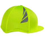 Bright neon green reflective hat cover with gray triangular logo made of fluorescent lycra for equestrian use