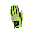 Bright neon green and black helly hansen reflective softshell gloves hy equestrian with reflective stripes back view