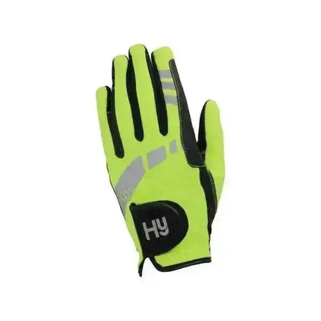 Bright neon green and black helly hansen reflective softshell gloves hy equestrian with reflective stripes back view