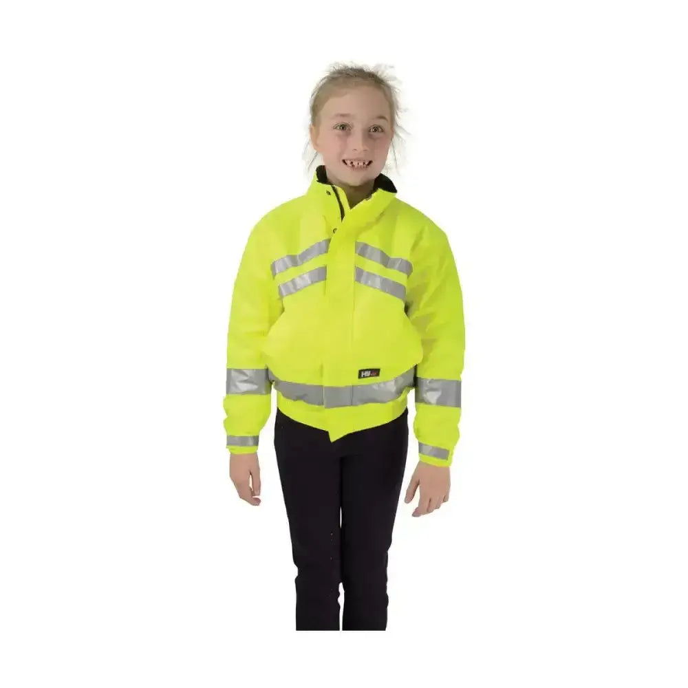 Bright yellow equestrian reflective waterproof children’s blouson with silver stripes for high visibility and safety