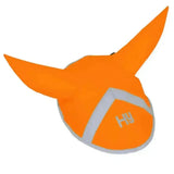 Bright orange hy equestrian reflector ear bonnet with gray trim and small logo perfect for horse ear bonnets