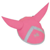 Pink hy equestrian reflector ear bonnet with reflective gray trim and small front logo for horse ear bonnets