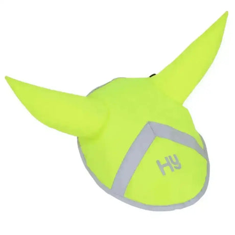 Bright neon yellow hy equestrian reflector ear bonnet with gray trim and hy branding for horse ear bonnets