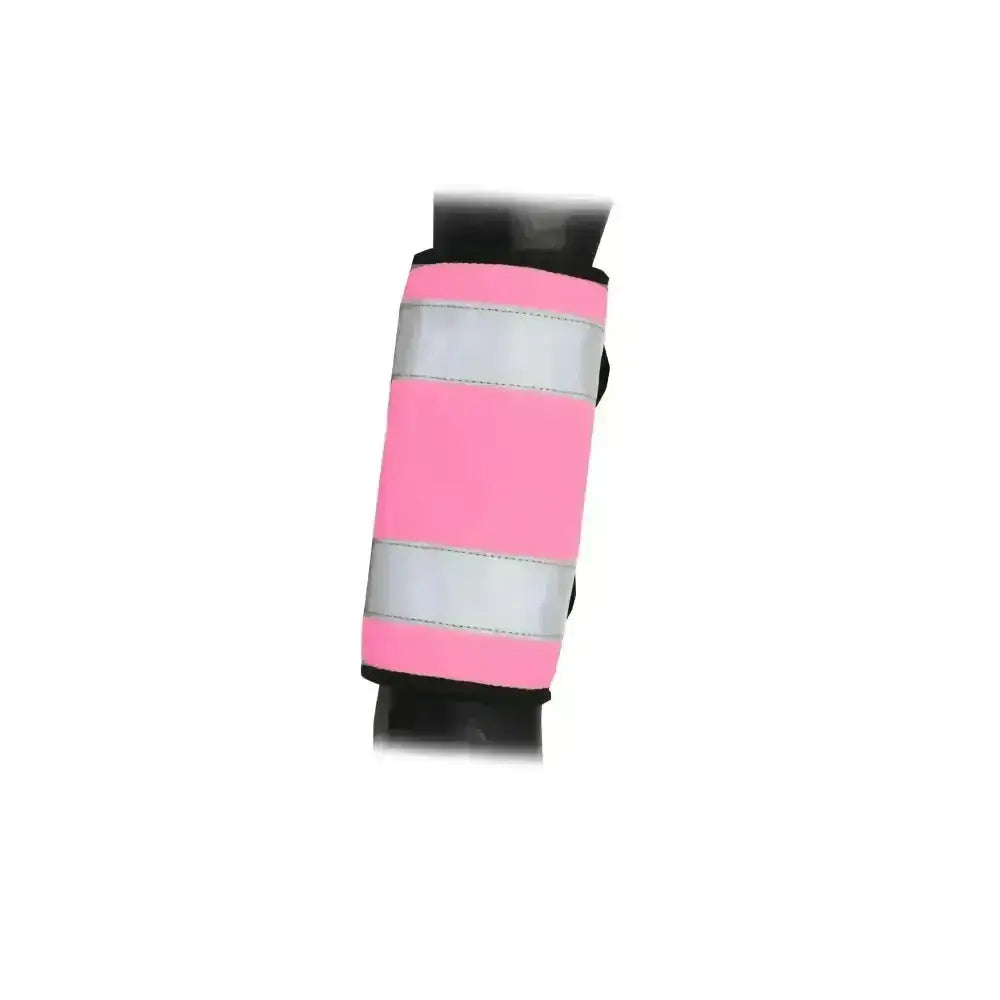 Pink reflective safety sleeve with two silver stripes designed as equestrian reflector horse leg wraps for visibility