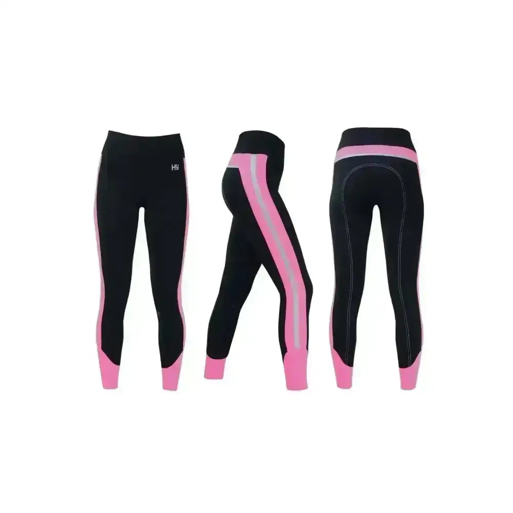 Black Hy equestrian reflector ladies breeches with pink silver stripes snug fit and reinforced stitching for durability