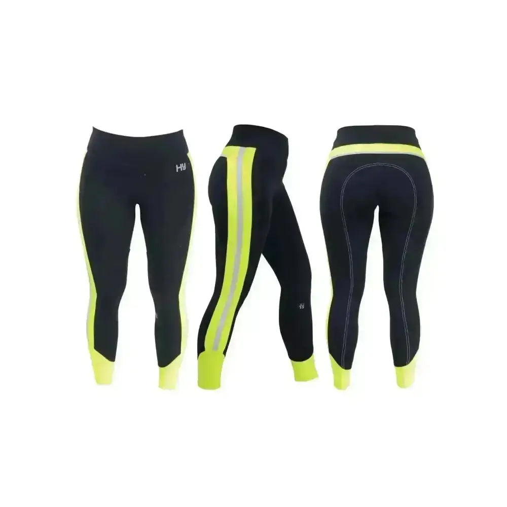 Black hy equestrian reflector ladies breeches with neon yellow accents reflective stripes and branded logo on thigh