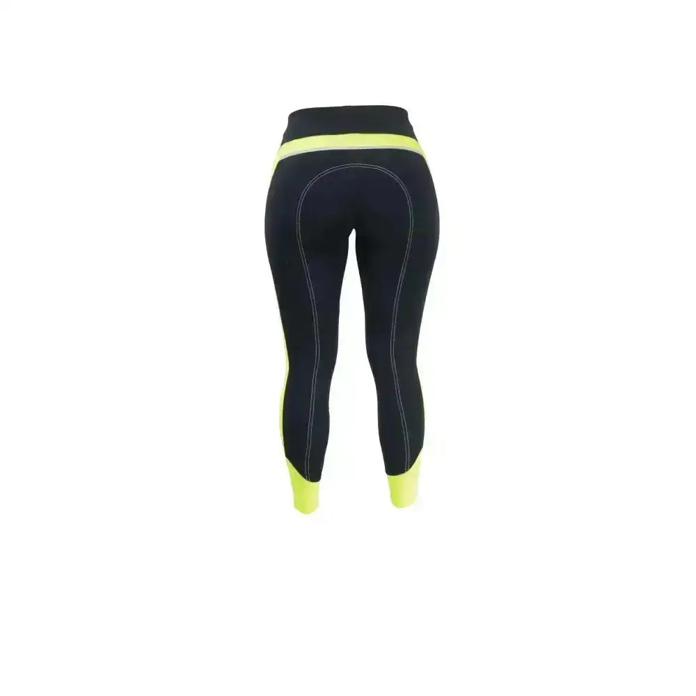 Black hy equestrian reflector ladies breeches with neon yellow waistband and cuffs and subtle white stitching stylish pull-on hyviz