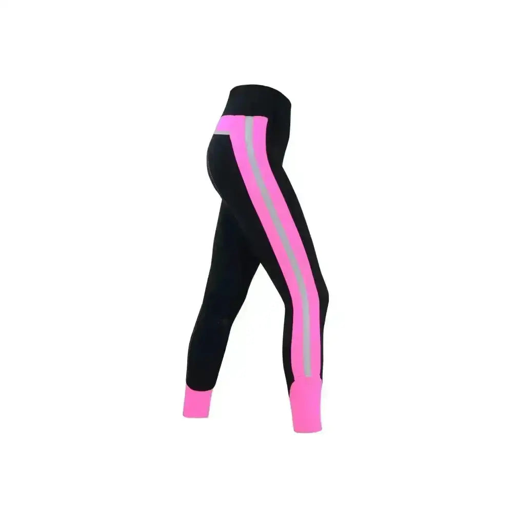 Black hy equestrian reflector ladies breeches with vibrant pink and silver reflector stripes and pink cuffs, stylish pull-on hyviz