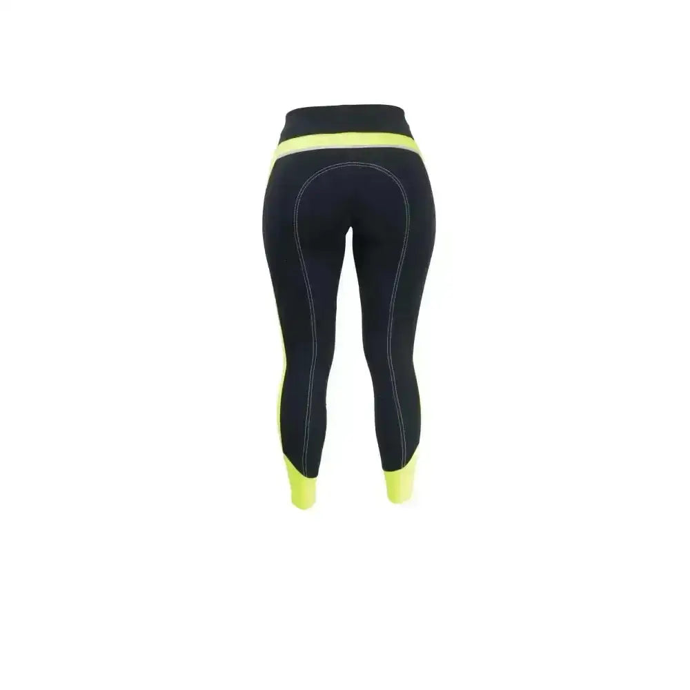 Black athletic reflector ladies breeches with neon yellow waistband and cuffs and white stitching stylish pull-on hyviz