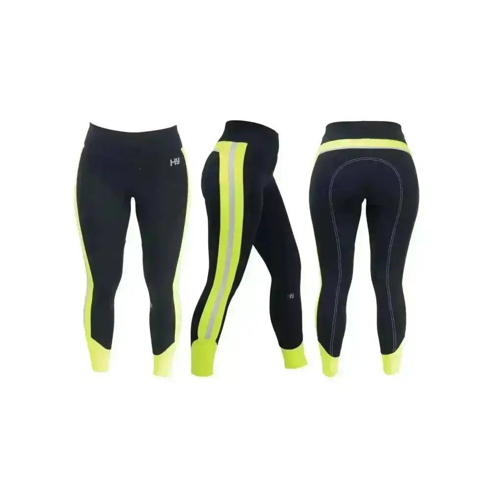 Black helly hansen reflector ladies breeches with neon yellow accents and reflective stripes stylish pull-on hyviz riding leggings