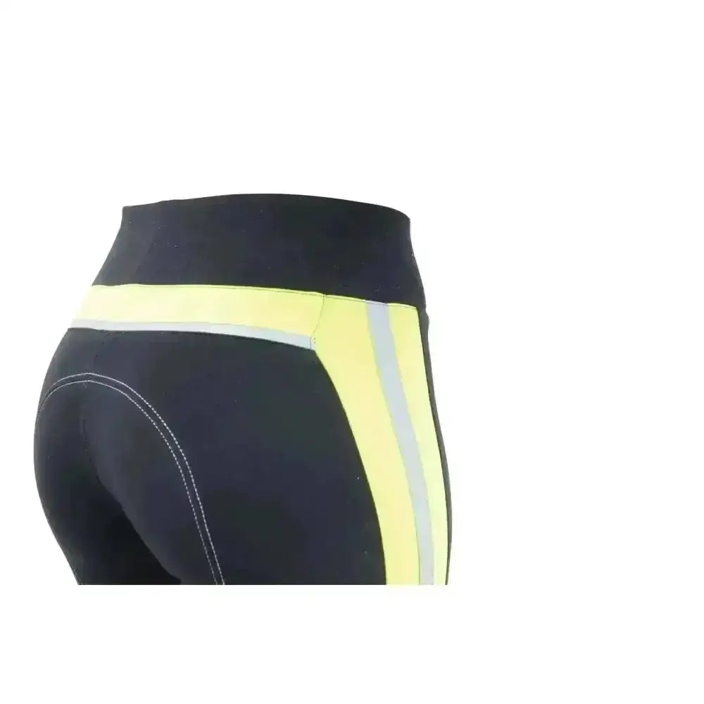 Black high-waisted reflector ladies breeches with bright yellow reflective stripes and white stitching by hy equestrian