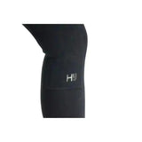 Black neoprene knee pad with silver hy logo on stylish pull-on hyviz reflector ladies breeches for equestrian use