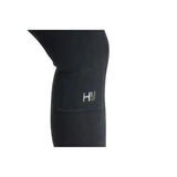 Black neoprene leg with silver hy logo patch on stylish pull-on hyviz equestrian reflector ladies breeches
