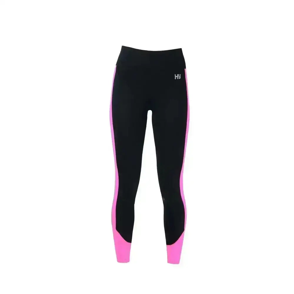 Black and pink stylish pull-on hyviz reflector ladies breeches with sleek form-fitting design for equestrian use