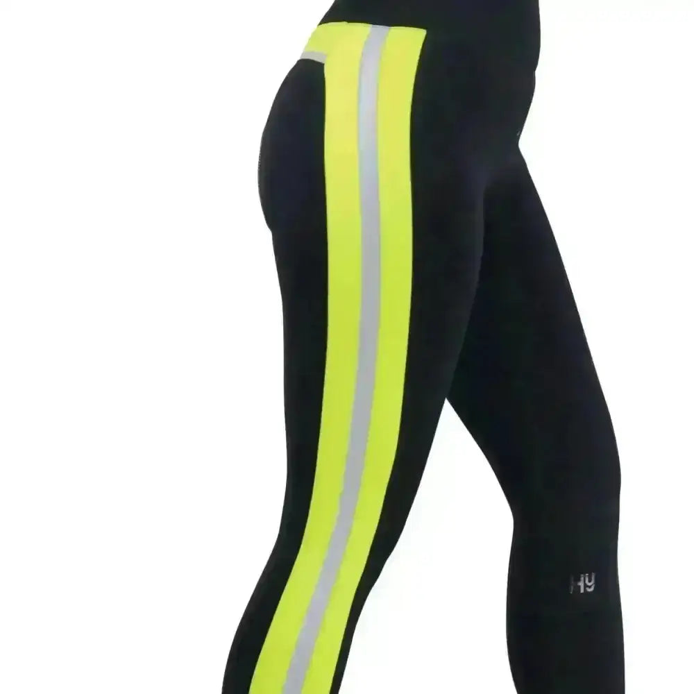 Black high-waisted reflector ladies breeches with bold neon yellow and reflective silver stripes for stylish pull-on hyviz look