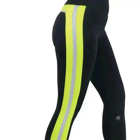 Black high-waisted reflector ladies breeches with bold neon yellow and reflective silver stripes for stylish pull-on hyviz look