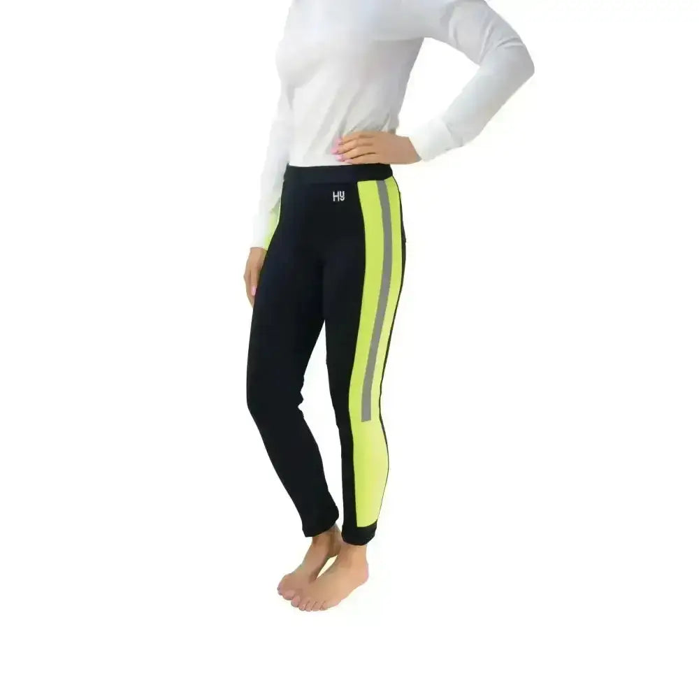 Black hy equestrian reflector ladies jodhpurs with neon yellow and reflective gray stripes and hj logo waistband