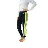Black hy equestrian reflector ladies jodhpurs with neon yellow and reflective gray stripes and hj logo waistband