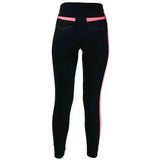 Back view of hy equestrian reflector ladies black leggings with pink side stripes and pink trim on back pockets