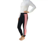 Black hy equestrian reflector ladies jodhpurs with pink and gray side stripes and white logo on waistband
