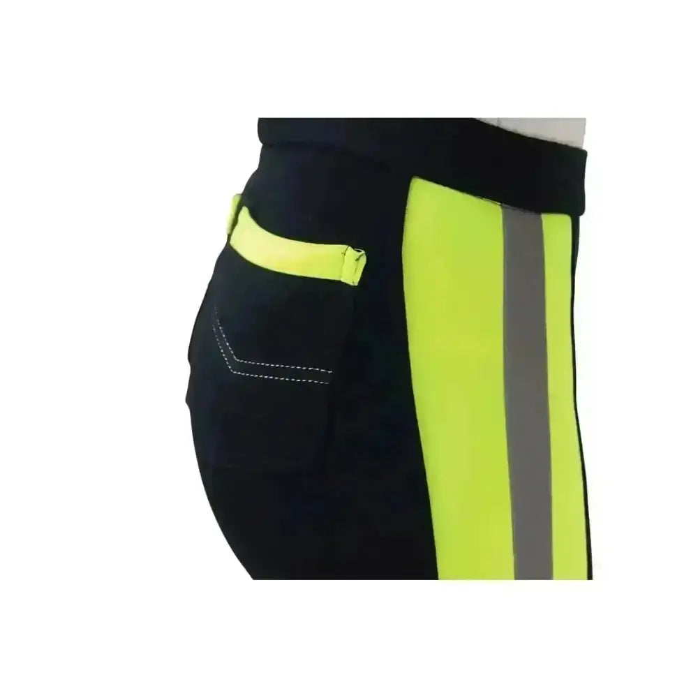 Black hy equestrian reflector ladies jodhpurs with neon yellow and reflective gray stripes down the side