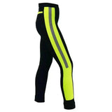 Black hy equestrian reflector ladies jodhpurs with neon yellow and gray reflective stripes down the outer leg