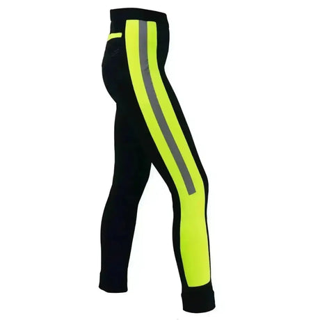 Black hy equestrian reflector ladies jodhpurs with neon yellow and gray reflective stripes down the outer leg