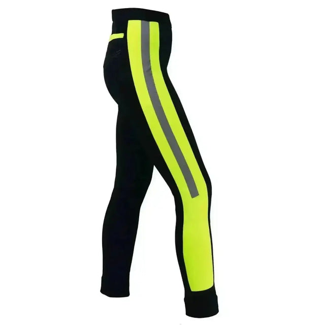Black hy equestrian reflector ladies jodhpurs with neon yellow and gray reflective stripes down the outer leg