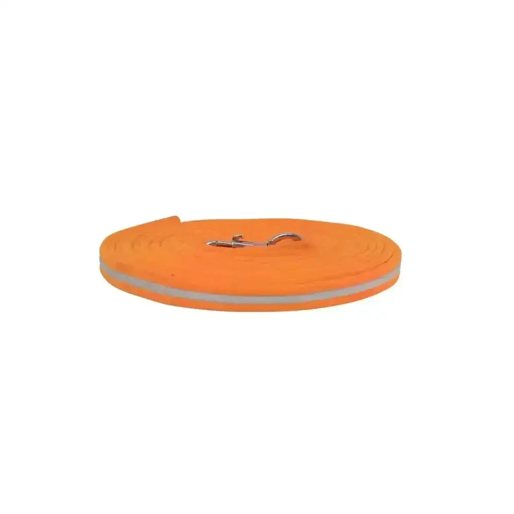 Bright orange reflective equestrian reflector lunge rein with metal hook for safe training and handling