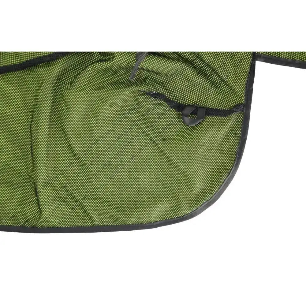 Green mesh lightweight reflector mesh exercise sheet with black trim and small zippered pocket for equestrian use