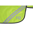Bright lime green hy equestrian reflector mesh lightweight exercise sheet with silver stripes and black trim seen from back