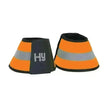 Bright orange hy equestrian reflector over reach boots with black trim fluorescent neoprene and gray logo on side