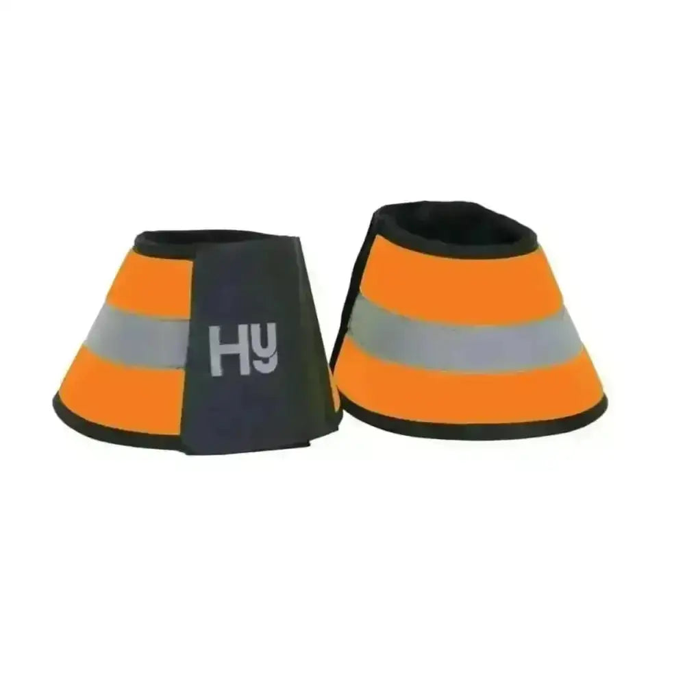 Bright orange hy equestrian reflector over reach boots made of fluorescent neoprene with black trim and gray logo