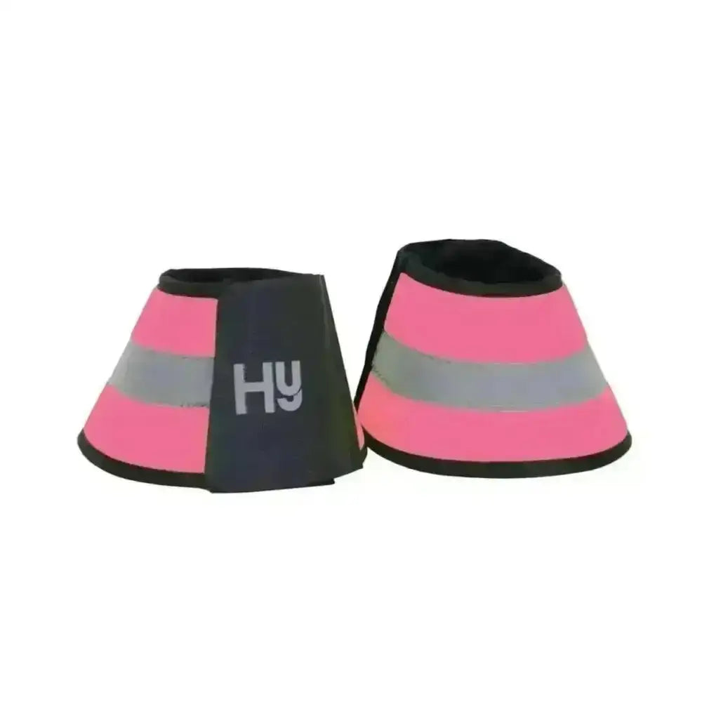 Pink and black fluorescent neoprene hy equestrian reflector reach boots with gray stripe and hy logo for overreach protection